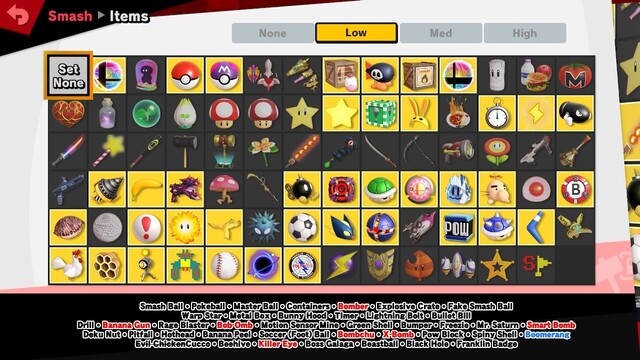 Item list from Super Smash Bros. Ultimate. Active items are in yellow and inactive ones are in gray. A list of active items is written at the bottom with the ones in red requiring renaming. The ones in red are Bomber, Banana Gun, Bob-Omb, Smart Bomb, Bombchu, X-Bomb, and Killer Eye. Boomerang is in blue for its questionable nature in the algorithm.