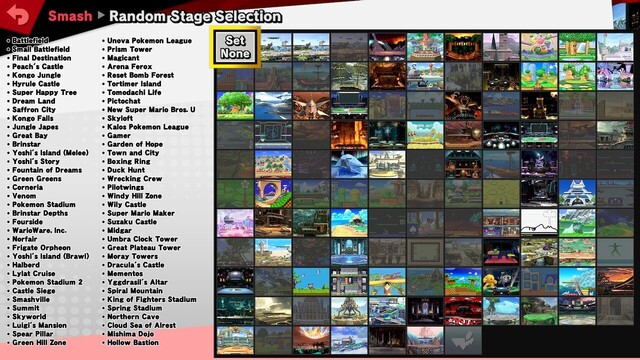 Random stage selection screen. Inactive stages are grayed out. There is a list of the active stages on the left. They include: 
Battlefield, Small Battlefield, Final Destination, Peach's Castle, Kongo Jungle, Hyrule Castle, Super Happy Tree, Dream Land, Saffron City, Kongo Falls, Jungle Japes, Great Bay, Brinstar, Yoshi's Island (Melee), Yoshi's Story, Fountain of Dreams, Green Greens, Corneria, Venom, Pokemon Stadium, Brinstar Depths, Fourside, WarioWare, Inc., Norfair, Frigate Orpheon, Yoshi's Island (Brawl), Halberd, Lylat Cruise, Pokémon Stadium 2, Castle Siege, Smashville, Summit, Skyworld, Luigi's Mansion, Spear Pillar, Green Hill Zone, Unova Pokémon League, Prism Tower, Magicant, Arena Ferox, Reset Bomb Forest, Tortimer Island, Tomodachi Life, Pictochat, New Super Mario Bros. U, Skyloft, Kalos Pokémon League, Gamer, Garden of Hope, Town and City, Boxing Ring, Duck Hunt, Wrecking Crew, Pilotwings, Windy Hill Zone, Wily Castle, Super Mario Maker, Suzaku Castle, Midgar, Umbra Clock Tower, Great Plateau Tower, Moray Towers, Dracula's Castle, Mementos, Yggdrasil's Altar, Spiral Mountain, King of Fighters Stadium, Spring Stadium, Northern Cave, Cloud Sea of Alrest, Mishima Dojo, and Hollow Bastion.