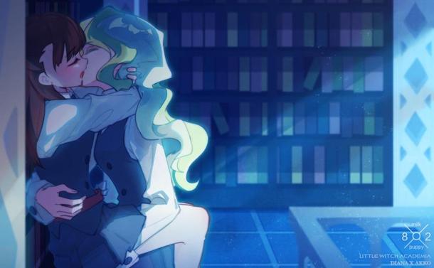 Fanart of Akko and Diana from Little Witch Academia, kissing in the dark, in the library.