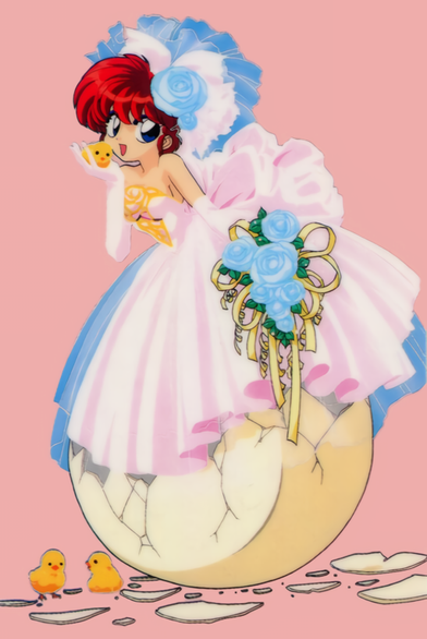 a picture of Ranma coming out of an egg wearing a trans colors wedding dress.