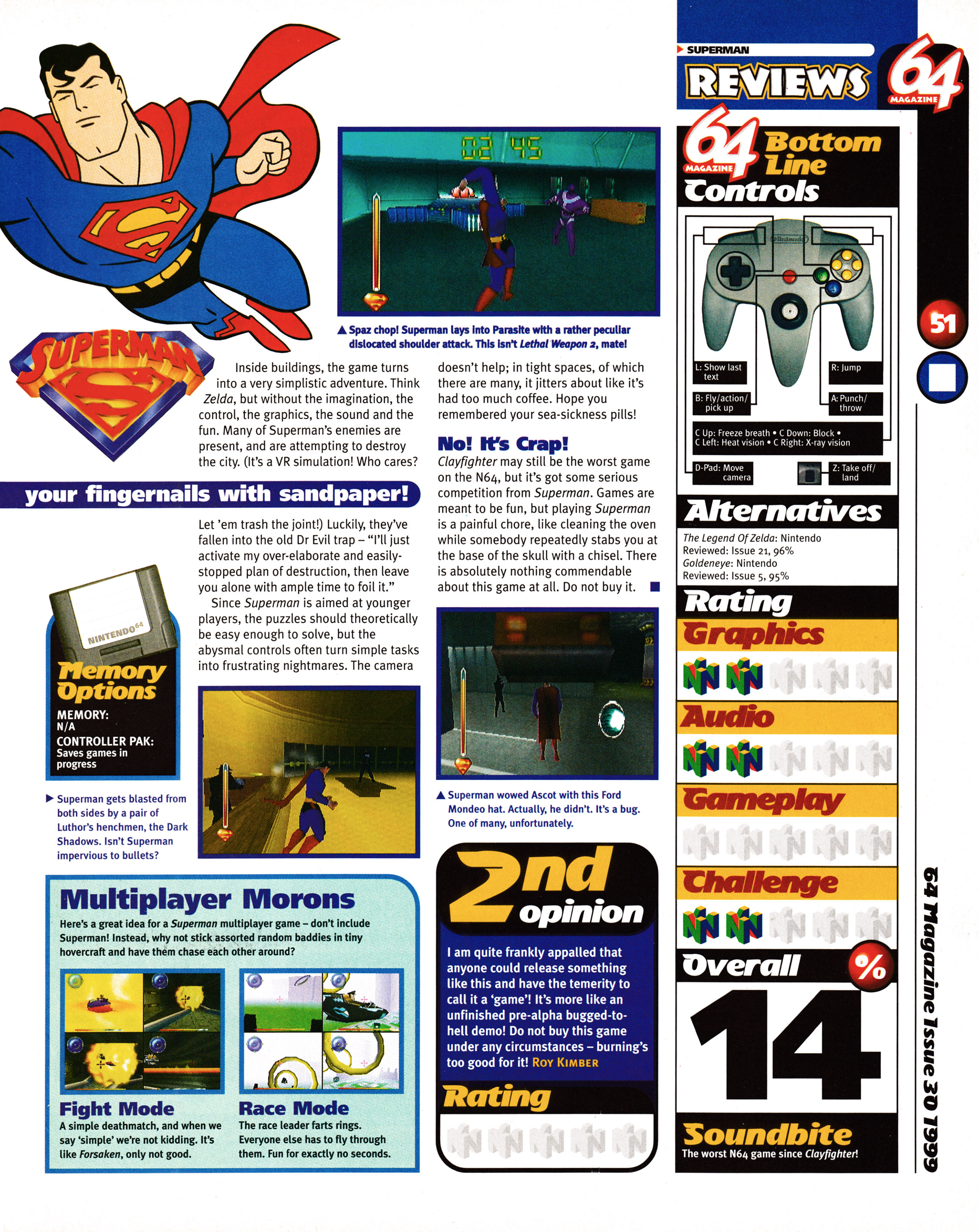 Review for Superman on Nintendo 64.
Taken from 64 Magazine 30 - September 1999 (UK)

score: 14%