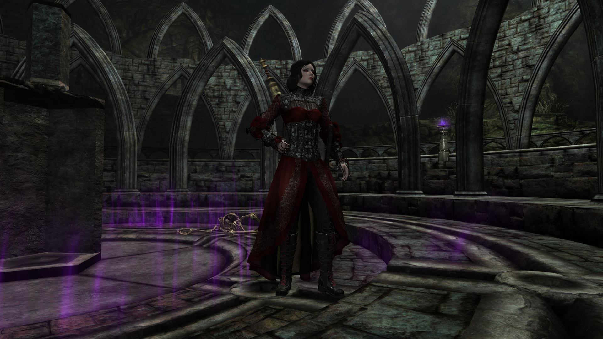 Serana the vampire from Skyrim's Dawnguard DLC, dressed in the "Grievous Rose" outfit mod, and bearing the modified looks of "Trueblood Serana"

She is standing in the monument where she was entombed.