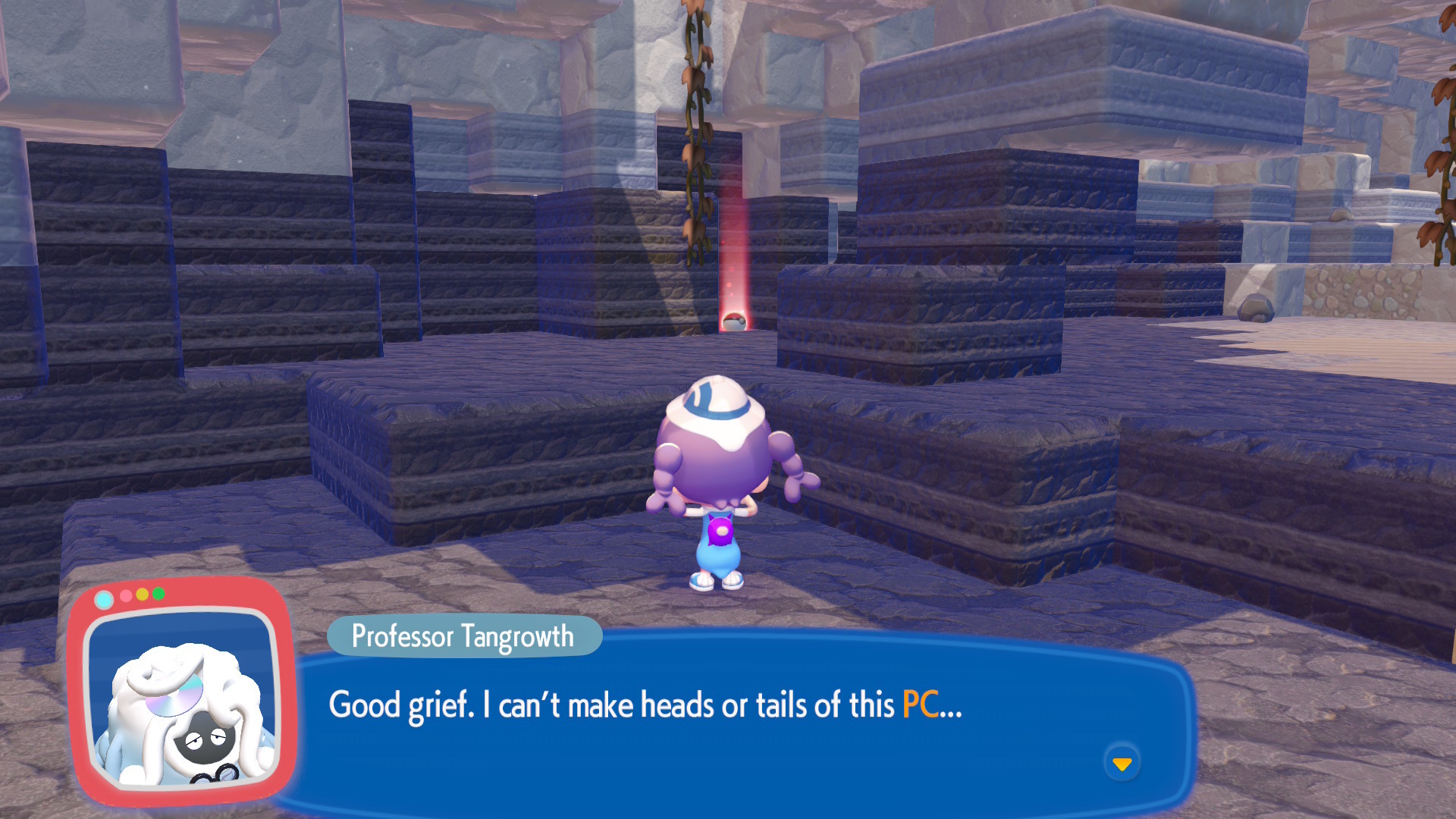 A screenshot from Pokรฉmon Pokopia. Thereโs a dialogue box with Professor Tangrowth saying โGood grief, I canโt make heads or tails of this PCโฆโ