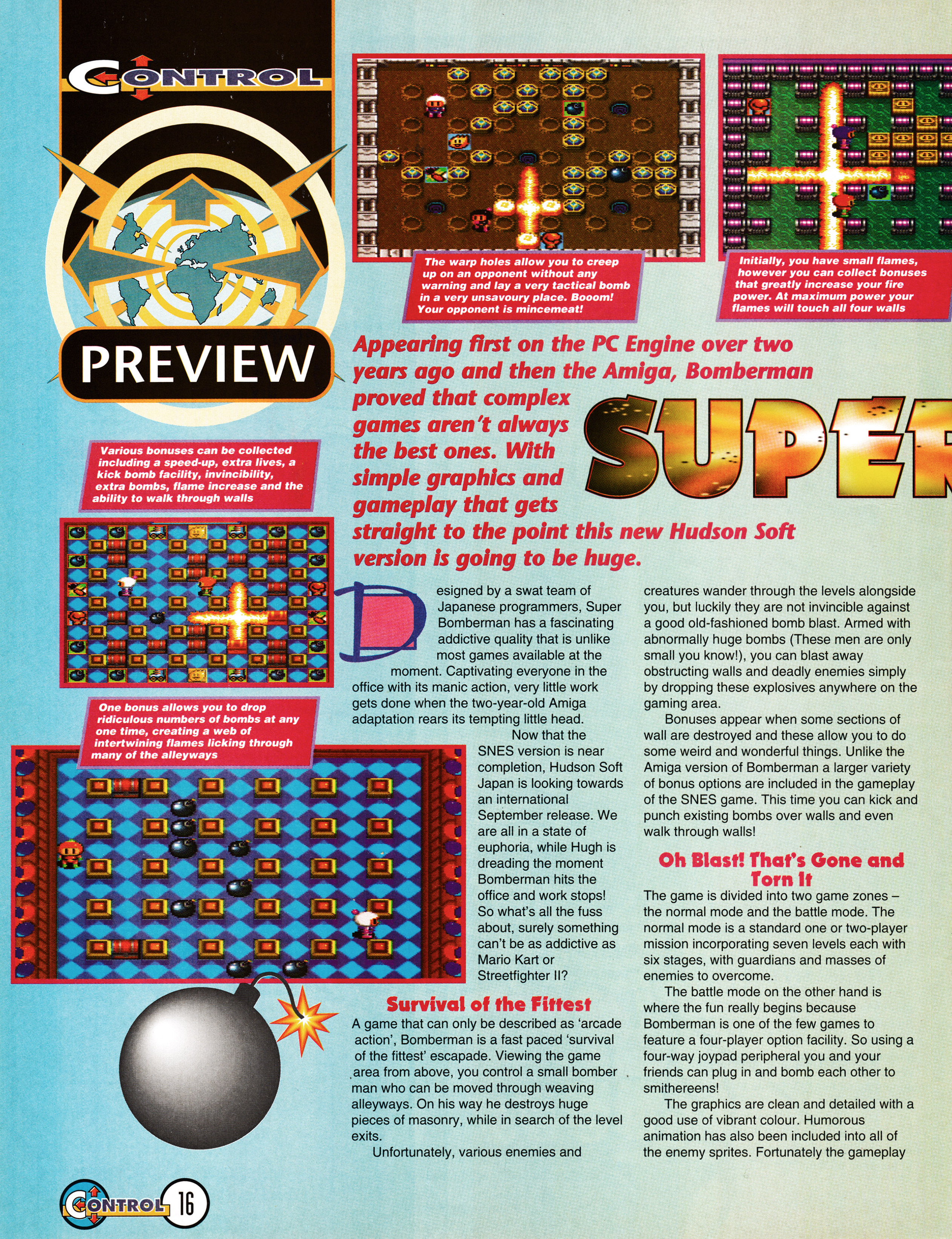 Preview for Super Bomberman on Super Nintendo.
Taken from Control 9 - May 1993 (UK)